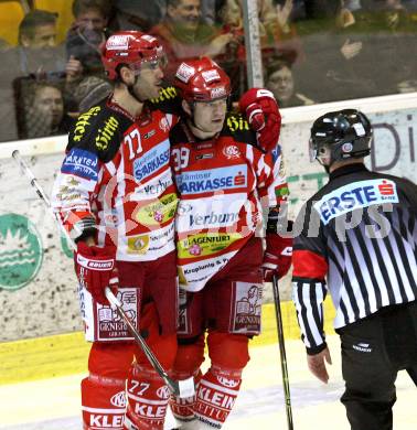 EBEL. Eishockey Bundesliga. KAC gegen  EHC LIWEST Linz. Jubel BROWN Sean, SHANTZ Jeffery (KAC). Klagenfurt, am 14.12.2008.
Foto: Kuess 

---
pressefotos, pressefotografie, kuess, qs, qspictures, sport, bild, bilder, bilddatenbank