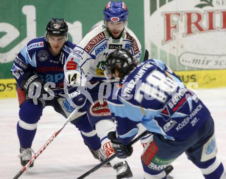 EBEL. Eishockey Bundesliga. EC Pasut VSV gegen Alba Volan Szekesfehervar. Justin Mapletoft, (VSV),  Artyom Vaszjunyin (Szekesfehervar). Villach, am 21.12.2008.
Foto: Kuess 


---
pressefotos, pressefotografie, kuess, qs, qspictures, sport, bild, bilder, bilddatenbank