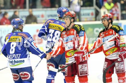 EBEL. Eishockey Bundesliga. KAC gegen VSV. Kirk Furey, Andrew Schneider (KAC), Roland Kaspitz (VSV), Shakehands. Klagenfurt, am 23.12.2008.
Foto: Nadja Kuess 
---
pressefotos, pressefotografie, kuess, qs, qspictures, sport, bild, bilder, bilddatenbank