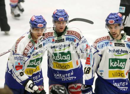 EBEL. Eishockey Bundesliga. EC Pasut VSV gegen EC KAC. Torjubel  RAFFL Thomas, KASPITZ Roland ORAZE Martin (VSV). Villach, am 26.12.2008.
Foto: Nadja Kuess 


---
pressefotos, pressefotografie, kuess, qs, qspictures, sport, bild, bilder, bilddatenbank