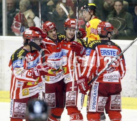 EBEL. Eishockey Bundesliga. KAC gegen EV Vienna Capitals. Jubel KAC. Andrew Schneider, Warren Norris, Paul Schellander, Kirk Furey. Klagenfurt, am 28.12.2008.
Foto: Kuess 

---
pressefotos, pressefotografie, kuess, qs, qspictures, sport, bild, bilder, bilddatenbank