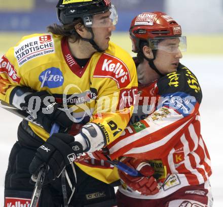 EBEL. Eishockey Bundesliga. KAC gegen EV Vienna Capitals. David Schuller,  (KAC), Viktors Ignatjevs (Capitals). Klagenfurt, am 28.12.2008.
Foto: Kuess 

---
pressefotos, pressefotografie, kuess, qs, qspictures, sport, bild, bilder, bilddatenbank