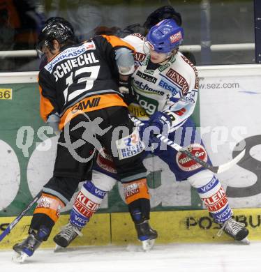 EBEL. Eishockey Bundesliga. EC Pasut VSV gegen EC Graz 99ers. Stefan Bacher, (VSV),  Michael Schiechl (Graz). Villach, am 30.12.2008.
Foto: Kuess 


---
pressefotos, pressefotografie, kuess, qs, qspictures, sport, bild, bilder, bilddatenbank