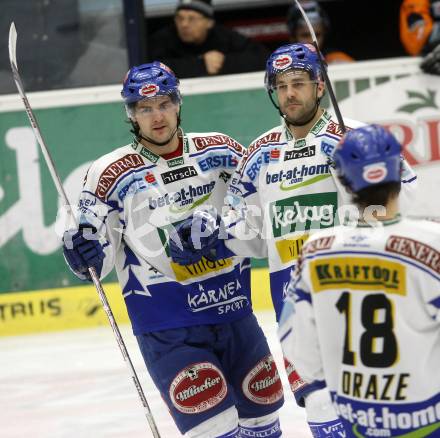 EBEL. Eishockey Bundesliga. EC Pasut VSV gegen EC Graz 99ers. Jubel Jonathan Ferland, Darell Scoville (VSV). Villach, am 30.12.2008.
Foto: Kuess 


---
pressefotos, pressefotografie, kuess, qs, qspictures, sport, bild, bilder, bilddatenbank