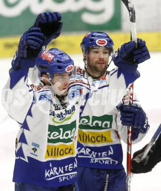 EBEL. Eishockey Bundesliga. EC Pasut VSV gegen EHC LIWEST Linz. Torjubel Dan Cavanaugh, Justin Mapletoft. Villach, am 6.1.2009.
Foto: Kuess 


---
pressefotos, pressefotografie, kuess, qs, qspictures, sport, bild, bilder, bilddatenbank