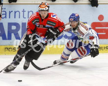 EBEL. Eishockey Bundesliga. EC Pasut VSV gegen HC TWK INNSBRUCK, DIE HAIE. Benoit Mondou, (VSV), Dustin Johner  (Innsbruck). Villach, am 9.1.2009.
Foto: Kuess 


---
pressefotos, pressefotografie, kuess, qs, qspictures, sport, bild, bilder, bilddatenbank