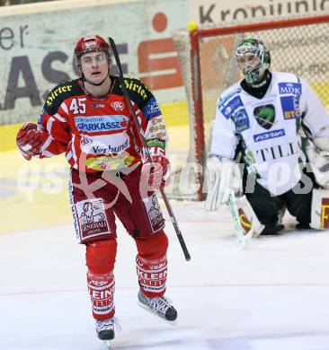 EBEL. Eishockey Bundesliga. KAC gegen HDD TILIA Olimpija Ljubljana. SCHULLER David (KAC), SILA Ales (Ljubljana). Klagenfurt, am 9.1.2009.
Foto: Kuess 

---
pressefotos, pressefotografie, kuess, qs, qspictures, sport, bild, bilder, bilddatenbank