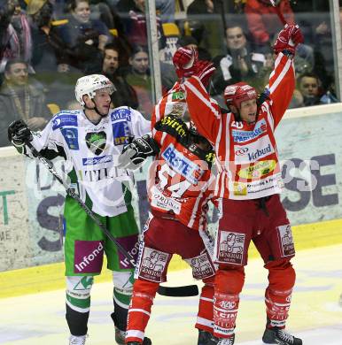 EBEL. Eishockey Bundesliga. KAC gegen HDD TILIA Olimpija Ljubljana. Torjubel CRAIG Michael, SCHNEIDER Andrew (KAC), GROZNIK Bostjan (Ljubljana). Klagenfurt, am 9.1.2009.
Foto: Kuess 

---
pressefotos, pressefotografie, kuess, qs, qspictures, sport, bild, bilder, bilddatenbank