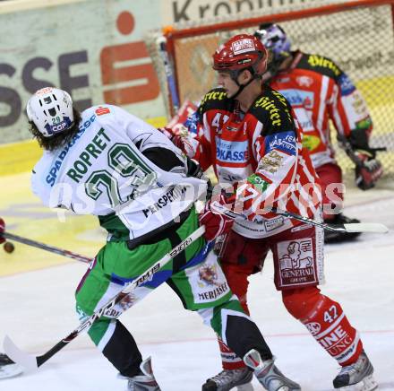 EBEL. Eishockey Bundesliga. KAC gegen HDD TILIA Olimpija Ljubljana. TORY Jeffrey (KAC), ROPRET Anze (Ljubljana). Klagenfurt, am 9.1.2009.
Foto: Kuess 

---
pressefotos, pressefotografie, kuess, qs, qspictures, sport, bild, bilder, bilddatenbank