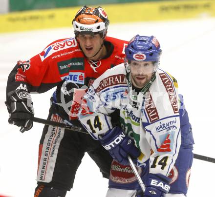 EBEL. Eishockey Bundesliga. EC Pasut VSV gegen HC TWK INNSBRUCK, DIE HAIE. Justin Mapletoft,  (VSV), Rem Murray (Innsbruck). Villach, am 9.1.2009.
Foto: Kuess 


---
pressefotos, pressefotografie, kuess, qs, qspictures, sport, bild, bilder, bilddatenbank