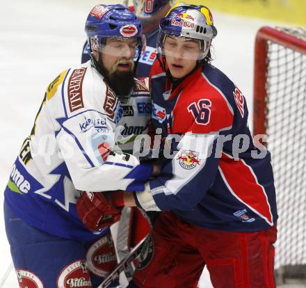 EBEL. Eishockey Bundesliga. EC Pasut VSV gegen EC Red Bull Salzburg. Markus Peintner, (VSV),  Patrick Harand (Salzburg). Villach, am 11.1.2009.
Foto: Kuess 


---
pressefotos, pressefotografie, kuess, qs, qspictures, sport, bild, bilder, bilddatenbank