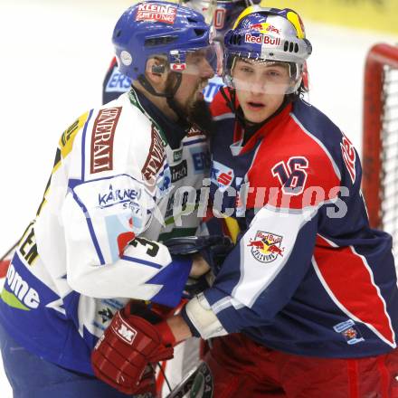 EBEL. Eishockey Bundesliga. EC Pasut VSV gegen EC Red Bull Salzburg. Markus Peintner, (VSV),  Patrick Harand (Salzburg). Villach, am 11.1.2009.
Foto: Kuess 


---
pressefotos, pressefotografie, kuess, qs, qspictures, sport, bild, bilder, bilddatenbank