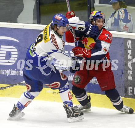 EBEL. Eishockey Bundesliga. EC Pasut VSV gegen EC Red Bull Salzburg. Stefan Bacher,  (VSV), Dieter Kalt (Salzburg). Villach, am 11.1.2009.
Foto: Kuess 


---
pressefotos, pressefotografie, kuess, qs, qspictures, sport, bild, bilder, bilddatenbank