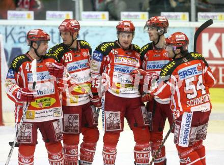 EBEL. Eishockey Bundesliga. KAC gegen HC TWK Innsbruck. Jubel SCHULLER David, CRAIG Michael, RATZ Herbert, SCHNEIDER Andrew, TORY Jeffrey (KAC). Klagenfurt, am 16.1.2009.
Foto: Kuess 

---
pressefotos, pressefotografie, kuess, qs, qspictures, sport, bild, bilder, bilddatenbank