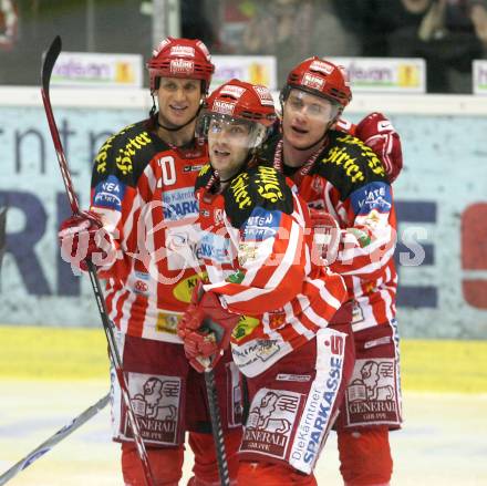 EBEL. Eishockey Bundesliga. KAC gegen HC TWK Innsbruck. Jubel SCHULLER David, CRAIG Michael, RATZ Herbert (KAC). Klagenfurt, am 16.1.2009.
Foto: Kuess 

---
pressefotos, pressefotografie, kuess, qs, qspictures, sport, bild, bilder, bilddatenbank