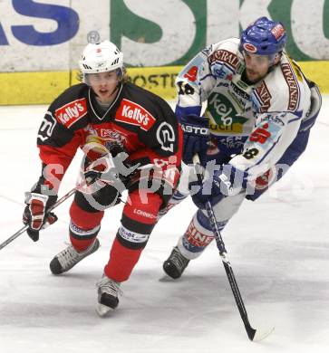 EBEL. Eishockey Bundesliga. EC Pasut VSV gegen HK Acroni Jesenice.  Martin Oraze, (VSV), Ziga Jeglic (Jesenice). Villach, am 27.1.2009.
Foto: Kuess 


---
pressefotos, pressefotografie, kuess, qs, qspictures, sport, bild, bilder, bilddatenbank