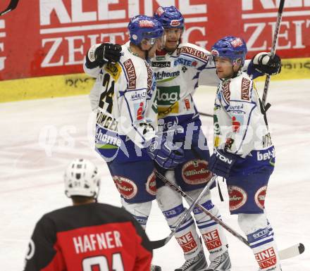 EBEL. Eishockey Bundesliga. EC Pasut VSV gegen HK Acroni Jesenice. Torjubel Guenther Lanzinger, Thomas Raffl, Roland Kaspitz (VSV). Villach, am 27.1.2009.
Foto: Kuess 


---
pressefotos, pressefotografie, kuess, qs, qspictures, sport, bild, bilder, bilddatenbank