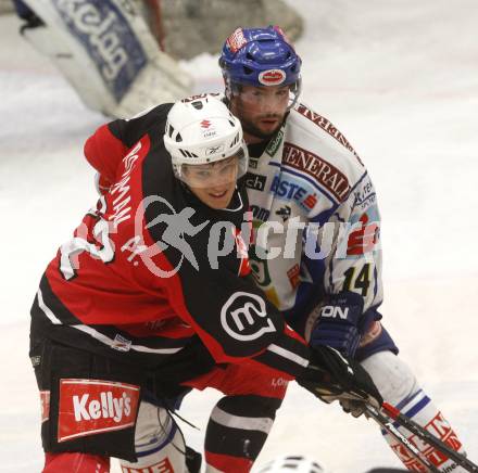 EBEL. Eishockey Bundesliga. EC Pasut VSV gegen HK Acroni Jesenice.  Justin Mapletoft, (VSV), Marcel Rodman  (Jesenice). Villach, am 27.1.2009.
Foto: Kuess 


---
pressefotos, pressefotografie, kuess, qs, qspictures, sport, bild, bilder, bilddatenbank