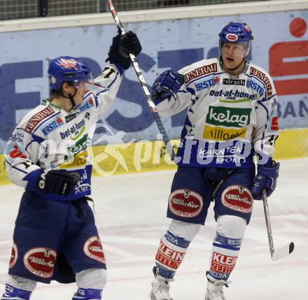 EBEL. Eishockey Bundesliga. EC Pasut VSV gegen HK Acroni Jesenice.  Torjubel Michael Raffl, Guenther Lanzinger (VSV). Villach, am 27.1.2009.
Foto: Kuess 


---
pressefotos, pressefotografie, kuess, qs, qspictures, sport, bild, bilder, bilddatenbank