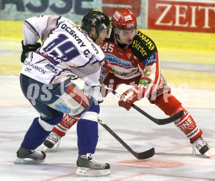 EBEL. Eishockey Bundesliga. EC KAC gegen Alba Volan SC Szekesfehervar. SCHULLER David (KAC),  OCSKAY Gabor (Alba Volan). Klagenfurt, am 29.1.2009.
Foto: Kuess 

---
pressefotos, pressefotografie, kuess, qs, qspictures, sport, bild, bilder, bilddatenbank