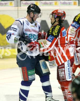 EBEL. Eishockey Bundesliga. EC KAC gegen Alba Volan SC Szekesfehervar.  Andrew Schneider (KAC), Andras Benk (Alba Volan). Klagenfurt, am 29.1.2009.
Foto: Kuess 

---
pressefotos, pressefotografie, kuess, qs, qspictures, sport, bild, bilder, bilddatenbank