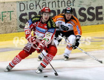 EBEL. Eishockey Bundesliga. KAC gegen EC Graz 99ers. SCHULLER David(KAC), MATTIE Jamie (Graz). Klagenfurt, am 13.2.2009.
Foto: Kuess 

---
pressefotos, pressefotografie, kuess, qs, qspictures, sport, bild, bilder, bilddatenbank