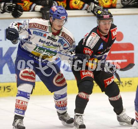 EBEL. Eishockey Bundesliga. EC Pasut VSV gegen EV VIENNA CAPITALS.  Michael Raffl, (VSV), Marc Tropper (Vienna). Villach, am 13.2.2009.
Foto: Kuess 


---
pressefotos, pressefotografie, kuess, qs, qspictures, sport, bild, bilder, bilddatenbank