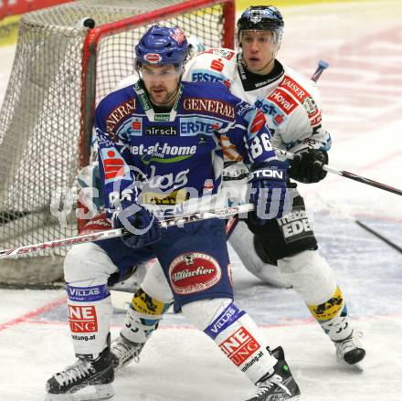 EBEL. Eishockey Bundesliga. EC Pasut VSV gegen EHC LIWEST Linz.  FERLAND Jonathan (VSV), LUKAS Robert (Linz). Villach, am 17.2.2009.
Foto: Kuess 


---
pressefotos, pressefotografie, kuess, qs, qspictures, sport, bild, bilder, bilddatenbank