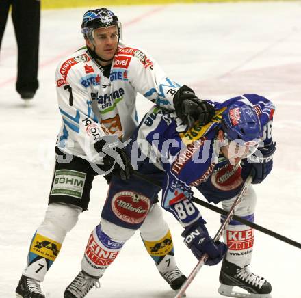 EBEL. Eishockey Bundesliga. EC Pasut VSV gegen EHC LIWEST Linz.  FERLAND Jonathan (VSV), LIIMATAINEN Petri (Linz). Villach, am 17.2.2009.
Foto: Kuess 


---
pressefotos, pressefotografie, kuess, qs, qspictures, sport, bild, bilder, bilddatenbank