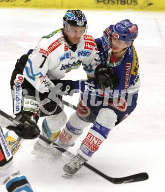 EBEL. Eishockey Bundesliga. EC Pasut VSV gegen EHC LIWEST Linz.  RAFFL Michael (VSV), LIIMATAINEN Petri (Linz). Villach, am 17.2.2009.
Foto: Kuess 


---
pressefotos, pressefotografie, kuess, qs, qspictures, sport, bild, bilder, bilddatenbank