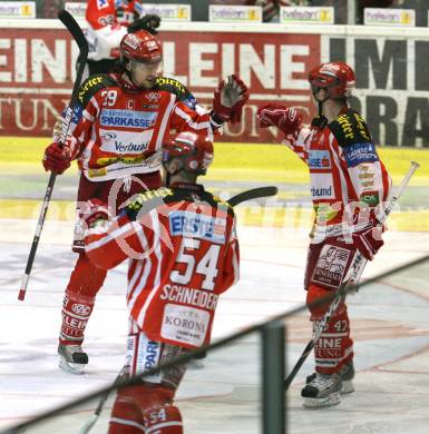 EBEL. Eishockey Bundesliga. KAC gegen HC TWK Innsbruck. Torjubel BRANDNER Christoph, TORY Jeffrey, SCHNEIDER Andrew (KAC).  Klagenfurt, am 22.2.2009.
Foto: Kuess 

---
pressefotos, pressefotografie, kuess, qs, qspictures, sport, bild, bilder, bilddatenbank