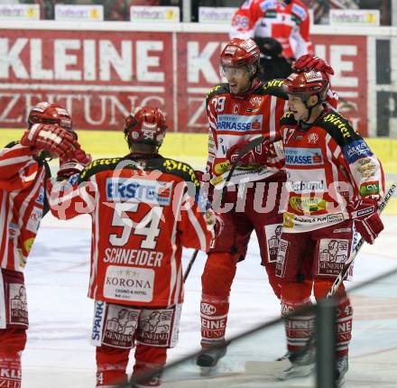 EBEL. Eishockey Bundesliga. KAC gegen HC TWK Innsbruck.  Torjubel BRANDNER Christoph, TORY Jeffrey, SCHNEIDER Andrew (KAC). Klagenfurt, am 22.2.2009.
Foto: Kuess 

---
pressefotos, pressefotografie, kuess, qs, qspictures, sport, bild, bilder, bilddatenbank