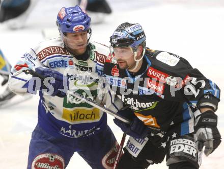 EBEL. Eishockey Bundesliga. EC Pasut VSV gegen EHC LIWEST Linz. Roland Kaspitz  (VSV), Mark Szuecs (Linz). Villach, am 22.2.2009.
Foto: Kuess 


---
pressefotos, pressefotografie, kuess, qs, qspictures, sport, bild, bilder, bilddatenbank