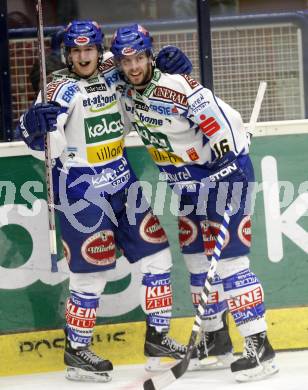 EBEL. Eishockey Bundesliga. EC Pasut VSV gegen EHC LIWEST Linz. Torjubel Andreas Kristler, Dan Cavanaugh (VSV). Villach, am 22.2.2009.
Foto: Kuess 


---
pressefotos, pressefotografie, kuess, qs, qspictures, sport, bild, bilder, bilddatenbank