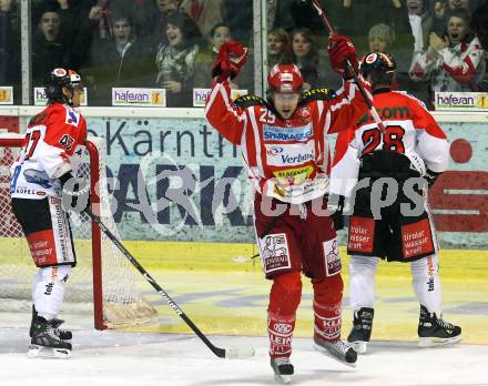 EBEL. Eishockey Bundesliga. KAC gegen HC TWK Innsbruck. Torjubel BRANDNER Christoph (KAC), OFNER Harald, LETANG Alan (Innsbruck). Klagenfurt, am 22.2.2009.
Foto: Kuess 

---
pressefotos, pressefotografie, kuess, qs, qspictures, sport, bild, bilder, bilddatenbank