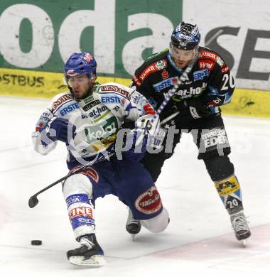 EBEL. Eishockey Bundesliga. EC Pasut VSV gegen EHC LIWEST Linz. Dan Cavanaugh, (VSV), Brad Purdie (Linz). Villach, am 26.2.2009.
Foto: Kuess 


---
pressefotos, pressefotografie, kuess, qs, qspictures, sport, bild, bilder, bilddatenbank