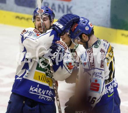 EBEL. Eishockey Bundesliga. EC Pasut VSV gegen EHC LIWEST Linz. Torjubel Jonathan Ferland, Dan Cavanaugh. Villach, am 26.2.2009.
Foto: Kuess 


---
pressefotos, pressefotografie, kuess, qs, qspictures, sport, bild, bilder, bilddatenbank