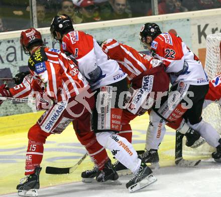 EBEL. Eishockey Bundesliga. KAC gegen HC TWK Innsbruck. SCHELLANDER Paul, SHANTZ Jeffery (KAC), GUOLLA Steve, JOHNER Dustin (Innsbruck). Klagenfurt, am 26.2.2009.
Foto: Kuess 

---
pressefotos, pressefotografie, kuess, qs, qspictures, sport, bild, bilder, bilddatenbank