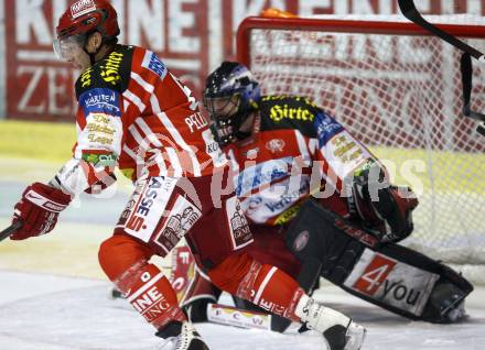 EBEL. Eishockey Bundesliga. KAC gegen EHC LIWEST Linz. Mike Pellegrims, (KAC),  Travis Scott  (Linz). Klagenfurt, am 5.3.2009.
Foto: Kuess 

---
pressefotos, pressefotografie, kuess, qs, qspictures, sport, bild, bilder, bilddatenbank