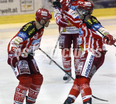 EBEL. Eishockey Bundesliga. KAC gegen EHC LIWEST Linz. Torjubel Mike Craig, (KAC),  Herbert Ratz (Linz). Klagenfurt, am 5.3.2009.
Foto: Kuess 

---
pressefotos, pressefotografie, kuess, qs, qspictures, sport, bild, bilder, bilddatenbank