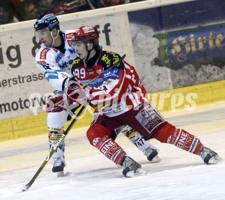 EBEL. Eishockey Bundesliga. KAC gegen EHC LIWEST Linz. Raphael herburger,(KAC),  Lars Helminen  (Linz). Klagenfurt, am 5.3.2009.
Foto: Kuess 

---
pressefotos, pressefotografie, kuess, qs, qspictures, sport, bild, bilder, bilddatenbank