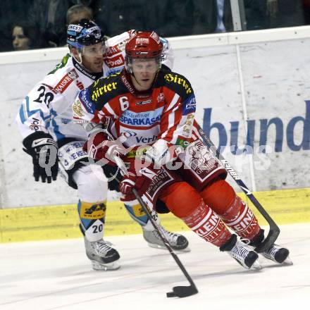 EBEL. Eishockey Bundesliga. KAC gegen EHC LIWEST Linz. Mike Pellegrims, (KAC), Brad Purdie  (Linz). Klagenfurt, am 5.3.2009.
Foto: Kuess 

---
pressefotos, pressefotografie, kuess, qs, qspictures, sport, bild, bilder, bilddatenbank