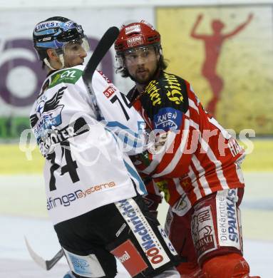 EBEL. Eishockey Bundesliga. KAC gegen EHC LIWEST Linz. Christoph Harand,  (KAC), Daniel Oberkofler (Linz). Klagenfurt, am 10.3.2009.
Foto: Kuess 

---
pressefotos, pressefotografie, kuess, qs, qspictures, sport, bild, bilder, bilddatenbank