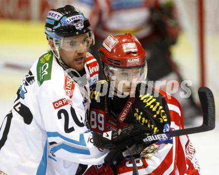 EBEL. Eishockey Bundesliga. KAC gegen EHC Liwest Linz. Raphael Herburger (KAC), Brad Purdie (Linz). Klagenfurt, am 10.3.2009.
Foto: Kuess
---
pressefotos, pressefotografie, kuess, qs, qspictures, sport, bild, bilder, bilddatenbank