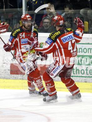 EBEL. Eishockey Bundesliga. KAC gegen EHC Liwest Linz. Torjubel Andrew Schneider, Jeff Tory (KAC). Klagenfurt, am 10.3.2009.
Foto: Kuess
---
pressefotos, pressefotografie, kuess, qs, qspictures, sport, bild, bilder, bilddatenbank