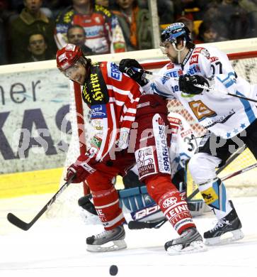 EBEL. Eishockey Bundesliga. KAC gegen EHC Liwest Linz. Christoph Brandner (KAC), Gerd Gruber (Linz). Klagenfurt, am 10.3.2009.
Foto: Kuess
---
pressefotos, pressefotografie, kuess, qs, qspictures, sport, bild, bilder, bilddatenbank