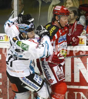 EBEL. Eishockey Bundesliga. KAC gegen EHC LIWEST Linz. Mike Pellegrims  (KAC), Philipp Lukas (Linz). Klagenfurt, am 10.3.2009.
Foto: Kuess 

---
pressefotos, pressefotografie, kuess, qs, qspictures, sport, bild, bilder, bilddatenbank