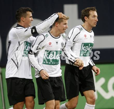 Fussball. Tipp3-Bundesliga. SK Austria Kelag Kaernten  gegen Austria Wien. Torjubel Haris Bukva, Thomas Hinum, Manuel Ortlechner (Austria Kaernten). Klagenfurt, 14.3..2009. 
Foto: Kuess

---
pressefotos, pressefotografie, kuess, qs, qspictures, sport, bild, bilder, bilddatenbank