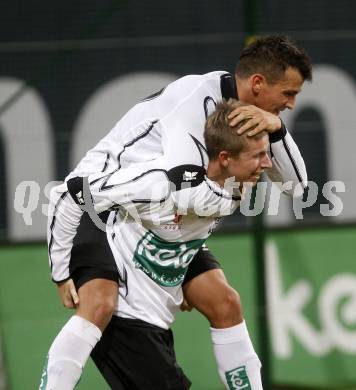 Fussball. Tipp3-Bundesliga. SK Austria Kelag Kaernten  gegen Austria Wien. Torjubel Thomas Hinum, Haris Bukva (Austria Kaernten). Klagenfurt, 14.3..2009. 
Foto: Kuess

---
pressefotos, pressefotografie, kuess, qs, qspictures, sport, bild, bilder, bilddatenbank