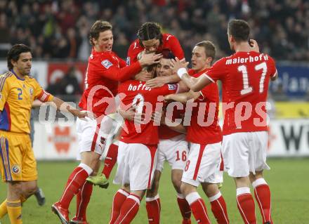 Fussball WM Qualifikationsspiel. Oessterreich gegen Rumaenien. Torjubel (Oesterreich). Hypo Group Arena, Klagenfurt, am 1.4. 2009.
Foto: Kuess

---
pressefotos, pressefotografie, kuess, qs, qspictures, sport, bild, bilder, bilddatenbank